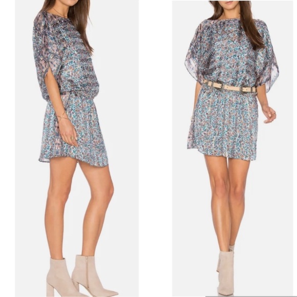 JOIE SILK MULTI COLOR FLORAL PRINT METALLIC THREAD BLOUSON MINI DRESS SZ LARGE